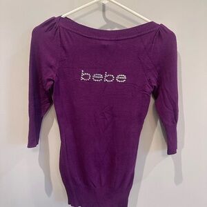 Bebe rhinestone Logo Purple Knit Top, Size S